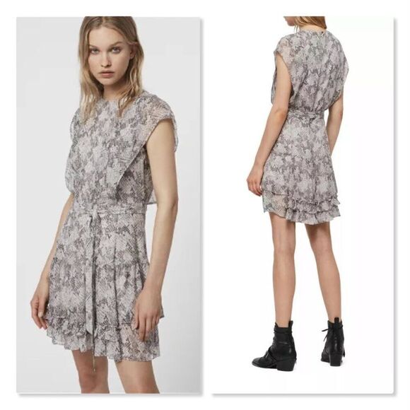✨ ALLSAINTS ✨ Evely Midgard Snakeskin Ruffle Mini Dress - [Size 0, Pink/Grey] - Picture 1 of 12